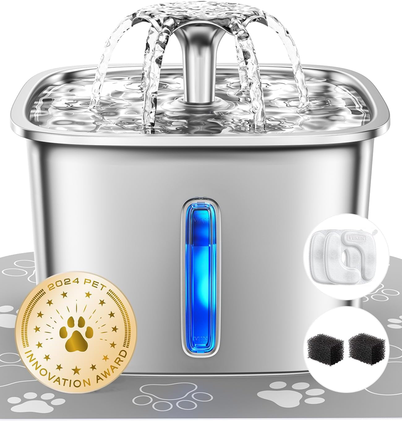 Innovation Award Winner Stainless Steel Cat Water Fountain, 95Oz/2.8L Automatic Pet Fountain Dog Water Dispenser with Replacement Filters & Silicone Mat for Cats, Dogs, Multiple Pets (Silver)