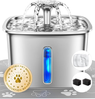 Innovation Award Winner Stainless Steel Cat Water Fountain, 95Oz/2.8L Automatic Pet Fountain Dog Water Dispenser with Replacement Filters & Silicone Mat for Cats, Dogs, Multiple Pets (Silver)