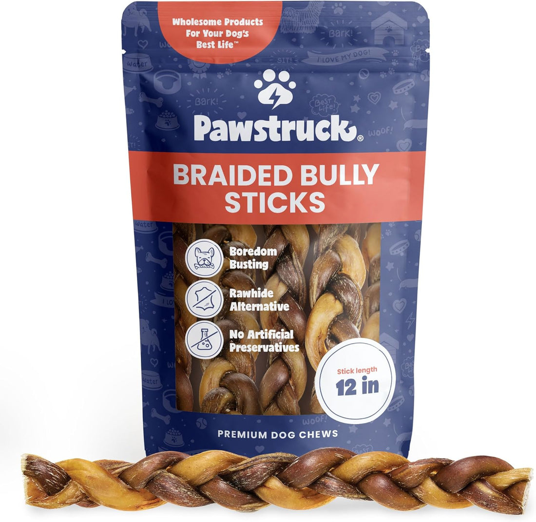 Natural 12" Braided Bully Sticks for Dogs – Tough, Long-Lasting, Rawhide-Free, Low-Odor, Single Ingredient Chew Treat for Aggressive Chewers – 5 Count – Packaging May Vary